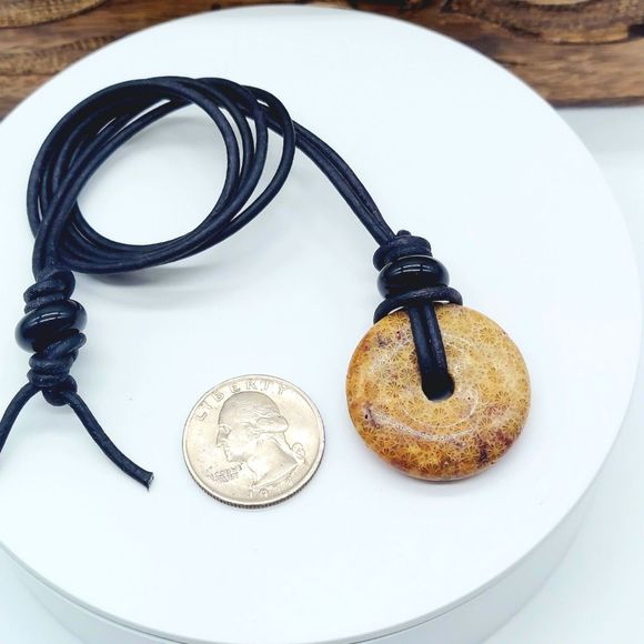 Natural Fossil Coral Necklace Fossilized Stone Pendant Leather Cord - Picture 4 of 4
